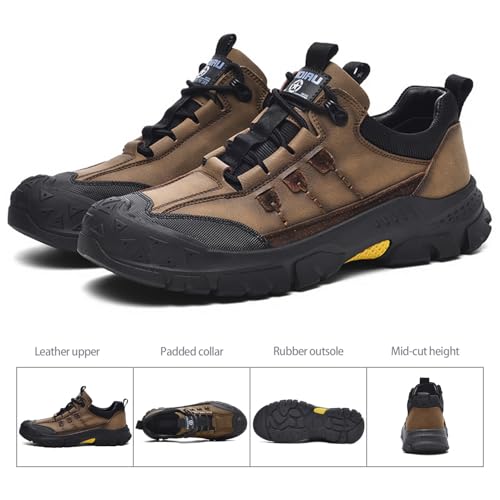 Men's Waterproof Hiking Shoes Leather Casual Outdoor Low Walking Trekking Shoes for Men Khaki 9.52