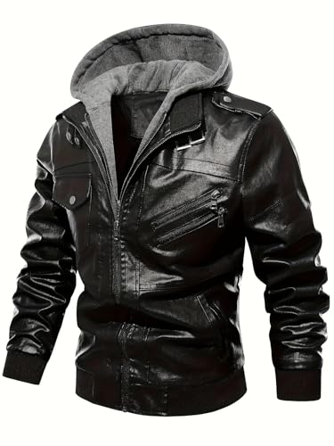 Men’s Casual Stand Collar PU Faux Leather Zip-Up Motorcycle Bomber Jacket With A Removable Hood