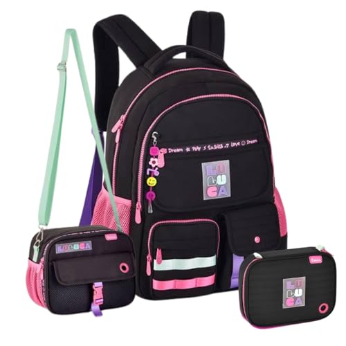 Kit Mochila Luluca Costas Escolar Lancheira E Estojo Chaveiro Juvenil Infantil 2025 LU24600 (PRETO)