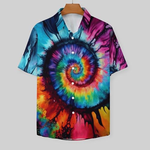 TiwBski Hawaiian Tie Dye Style Shirts for Men Rainbow Print Button Down Shirt Short Sleeve2