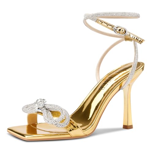 Image of TNYNFBEB Womens Stiletto High Heel Open Square Toe Sandals Ankle Strap Two-Piece Buckle Rhinestone Crystal Bow-knot Prom Dress Summer 3.5 Inches Heels