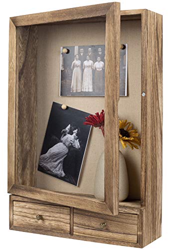 BONKON Shadow Box Frame 11x14 Shadow Box Display Case with 2 Drawers and Linen Back for Memorabilia, Photos, Deep Shadow Box Picture Frame (Carbonized Black)