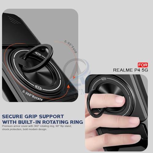 Image of AESTMO Realme P4 5G Back Cover | Armor Camera Slider 360 Degree Rotating Finger Ring Holder Case with Bracket Stand Back Case Cover for Realme P4 5G (Compatible with MagSafe Accessories) (Black)
