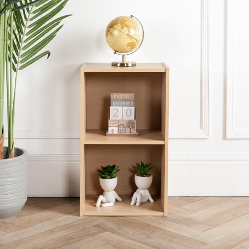 Cube Bookshelf Beech Wooden Storage Organiser Wood Shelving Unit Open Bookcase Shelf For Home Living Room Office Bedroom Furniture (Beech, 2 Tier)