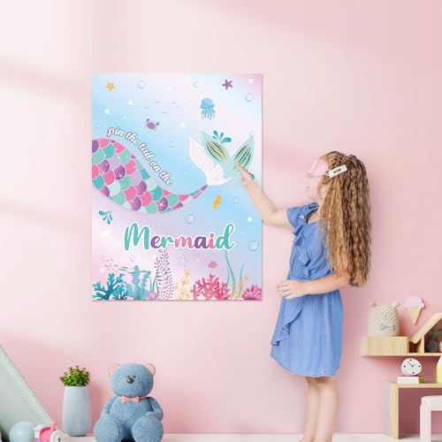 Image of WERNNSAI Pin The Tail on The Mermaid - Mermaid Party Decorations Ocean Party Games for Wall Home Room Birthday Party Favor 21'' x 28'' Poster with 24PCS Tail Stickers