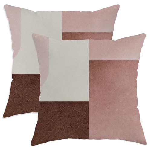 Geometric Throw Pillow Covers Set of 2, Blush Peach and Beige Decorative Square Cushion Cases, Modern Farmhouse Decor for Living Room Sofa Bed Couch 14x14 Inch
