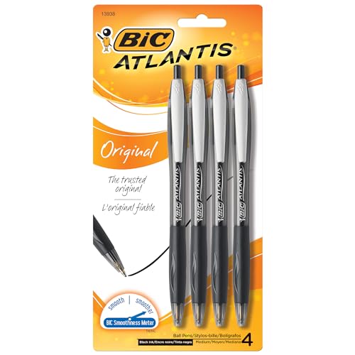 BIC VCGP41-Blk Atlantis Original Retractable Ballpoint Pen Medium Point (1.0 mm)- Black, Pack of 4 Pens