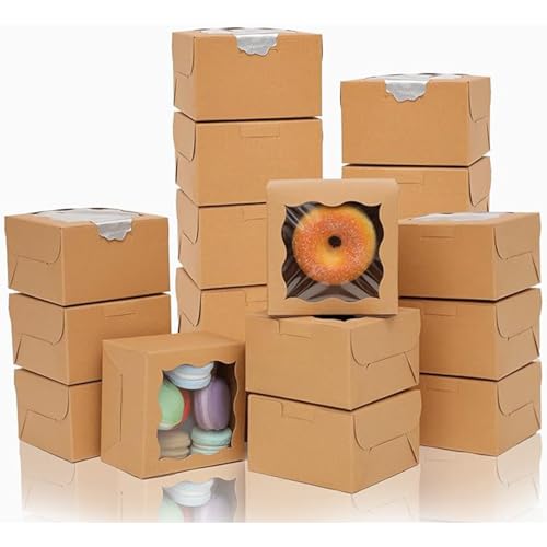 Bakepacker Kraft Bakery Boxes with Window 4x4x2.5 inches 100 Packs
