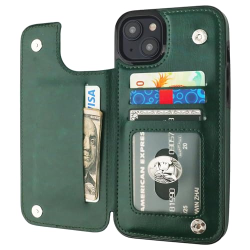 Coque portefeuille iPhone 15 Plus idéale pour voyager léger en couleur vert