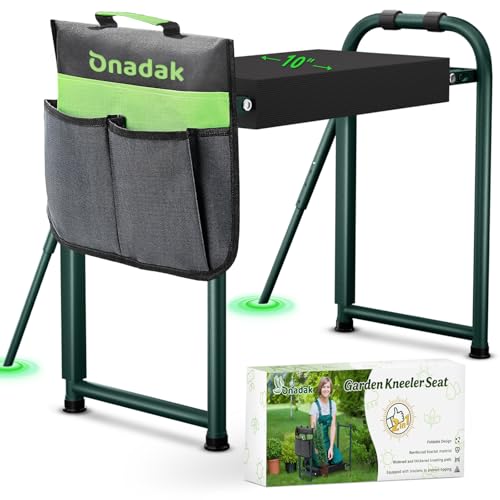 Onadak Heavy Duty Garden Kneeler and Seat for Elderly, 400lbs Capacity Foldable Gardening Stool with Support Legs & Thick Pad, Includes Large Tool Organizer Bag, Green