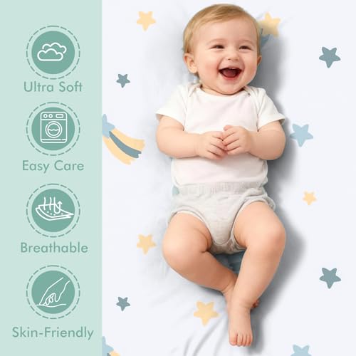 3 Pack Stretchy Bassinet Sheets - Universal Fit for Rectangle, Round, Oval, Hourglass Cradles & Moses Baskets - Soft Breathable Fitted Bassinet Sheets Set for Baby - Blue & Grey Star - Thumbnail 2