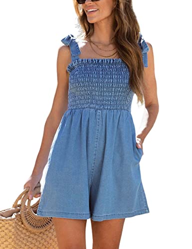 Rxozrxoz Womens Summer Denim Rompers Flowy Sleeveless Smocked High Waist Spaghetti Straps Short Jean Jumpsuits(Blue-Xl) #TOP14