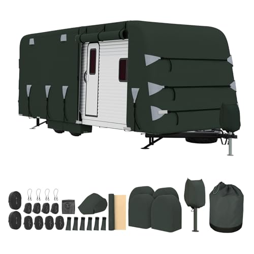 RV Cover for Travel Trailer, Heavy Duty 4-Layer Camper Cover, Waterproof Breathable UV-Resistant Tear-Resistant Exterior Cover with Windproof Straps, Zipper Access, Tire Covers & Storage Bag,18-30+ ft by Garvee - Used condition - US$125.13