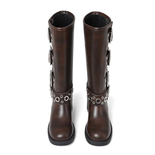 Image of AMINUGAL Knee High Boots Women Square Toe Pull On Wide Calf Riding Fashion Buckles Chunky Metallic Casual Vintage Buckle Rivet