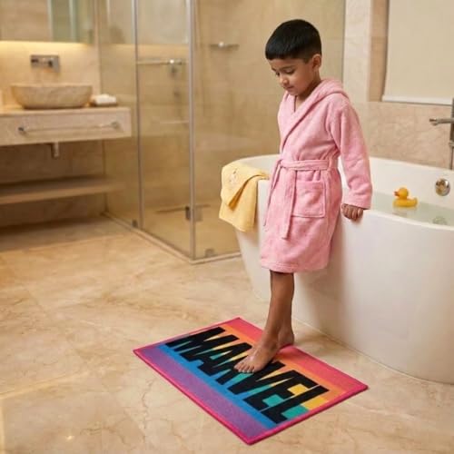 Image of Athom Living Premium Anti Slip Printed Kids Bathmat, Durable Nylon Fabric, Soft Texture, Easy to Clean, Stylish Home Decor Mat for Doorway & Kids Room, 37x57 cm, Multicolor (Marvel-Rainbow Colour)