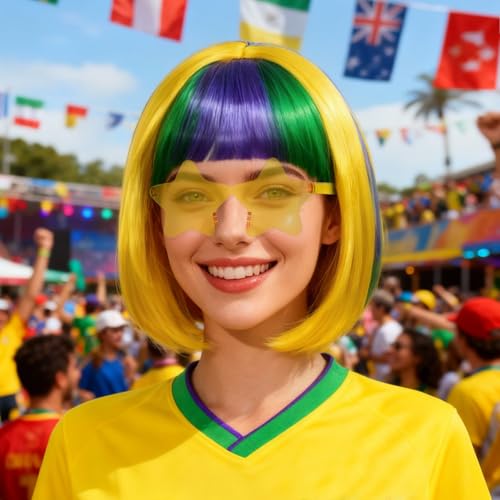 Image of ANOGOL Hair Cap + (Sunglasses) Green Blue Yellow Bob Wig with Bangs Womens Green Party Wigs with Sunglasses Short Neon Wig Fun Wigs Halloween Costume Bachelorette Hair Sports Event St Patrick Day