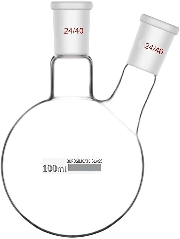 FZN 2 Neck Round 100 ML Bottom Boiling Flask with 24/40 Center & Side Joints Angled Receiving Reflux Flask Multi Neck Apparatus Organic Chemistry Lab Glassware