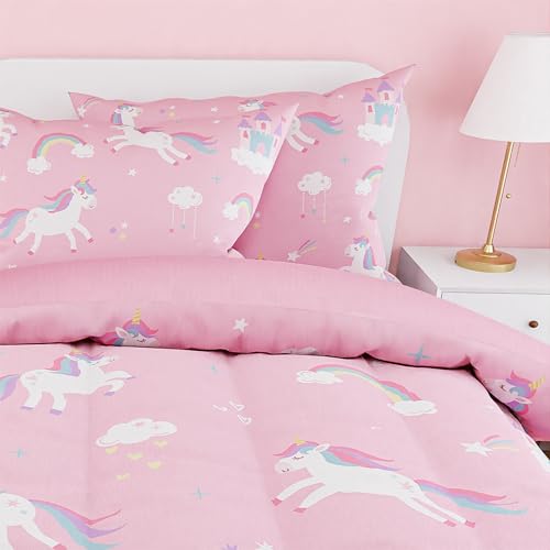 Image of SANDJEST Unicorn Comforter Set Twin Size 68x86in for Kids Girls, Microfiber 3 Pcs Bedding Set Includes 1 Comforter, 1 Pillowcase, 1 Fitted Sheet, Nursery Room Decor
