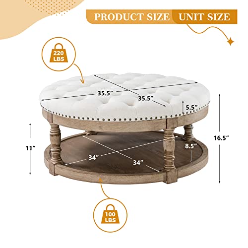 Hulala Home Modern Round Ottoman Footrest Stool For Living Room, Luxurious Button Tufted Coffee Table Ottoman With Lower Shelf & Solid Wood Legs, Upholstered Cocktail Footstool Center Table, Ivory #TOP4