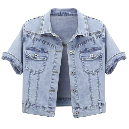 Omoone Women's Summer Short Sleeve Crop Denim Trucker Jacket Jean Coat Tops(LightBlue-M)