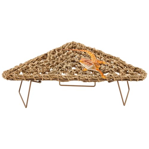 Triangle Bearded Dragon Hammock 16. 5 x 13 x 13 Inches Reptile Lounger with Metal Bracket Natural Seagrass Tank Accessories Large Basking Platform for Lizards Geckos Hermit Crabs and Frogs