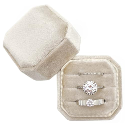Beatilog Velvet Ring Box 3 Slots - Octagon Premium Velvet Ring Holder Handmade Three Rings Bearer for Wedding Day Ceremony, Proposal, Engagement, Christmas, Photography (Beige)