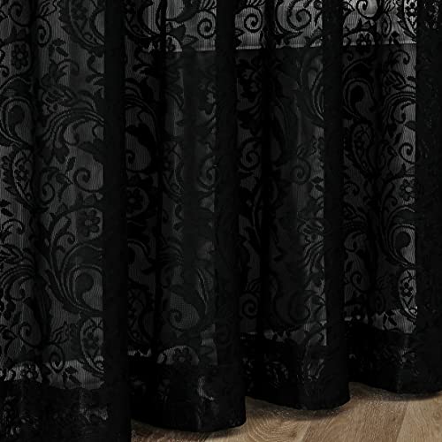 Bujasso Black Sheer Lace Curtains 84 Inch Vintage Floral Sheer Gothic Curtain Panels For Living Room Bedroom Luxury Light Filtering Drapes Black Window Treatment Sets Rod Pocket 2 Panels 54" Wx84 L #TOP4