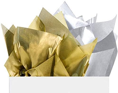 Miniatura 5 de UNIQOOO Paquete de 12 bolsas de regalo con etiqueta y 60 hojas de papel de seda metálico dorado y plateado