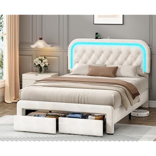 CSZZD Full Upholstered Bed Frame with 2 Storage Drawers & LED Lights, Velvet Bed Frame Full Size with Stylish Headboard & Charging Station, Wooden Slats Support, No Box Spring Needed, Beige