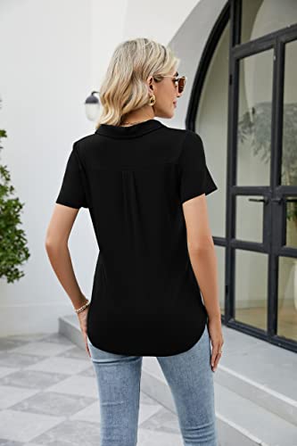 Womens Black Polo Shirt Short Sleeve Work Blouse Fashion Lapel Tops Casual Collared Tunic T-Shirts Black L #TOP3