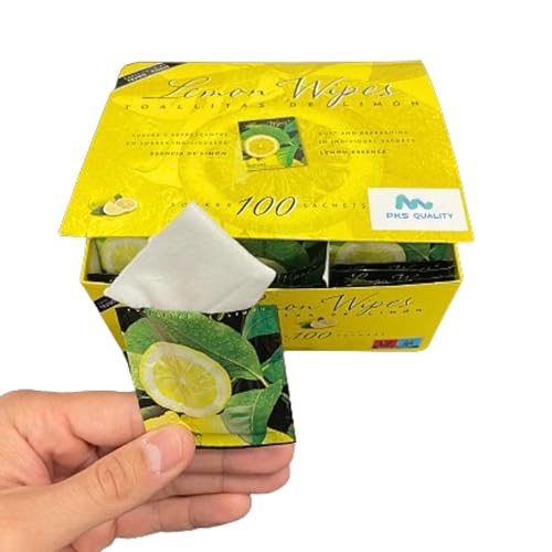 PKS- 100 Toallitas Refrescantes Limón para Manos – Sobres Individuales – Uso Doméstico y Restaurantes – Celebraciones – Lemon Wipes Suaves y Húmedas – Eliminan olor Pescado, Marisco, Frituras, Bbq