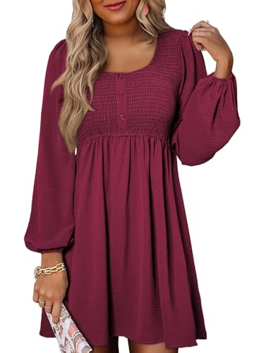 Image of Dokotoo Fall Dresses for Women 2026 Casual Long Sleeve Mini Dress | Smocked Crewneck, Button Up, Empire Waist, A-Line Hem, Solid Color, Floral Pattern