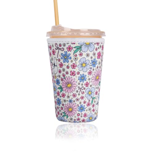 Image of Reusable Insulated Sleeve for Iced Coffee Cup, Coffee Neoprene Sleeve for Cold & Hot Drinks, Beverage Holder for Iced Coffee (Daisy Geese, Medium: 22-24oz)