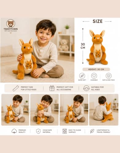 Image of Kangaroo with Baby Soft Toy for Girls Boys Kids,Brown,Kangaroo Animal Plush Stuffed Teddy Gift Birthday, 25 cm