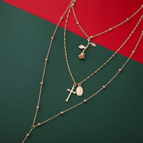 Fxmimior 3 Tier Bohemia Flower Y Long Layered Necklace Bar Coin Charm Pendant Neckalce Delicate Station Chain Multilayer Dics Bar Choker Necklaces For Women #TOP2
