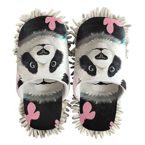 Microfiber Cleaning Slippers Panda Pink Washable Mop Shoes Slipper for Men/Women House Floor Dust Cleaner, Size L