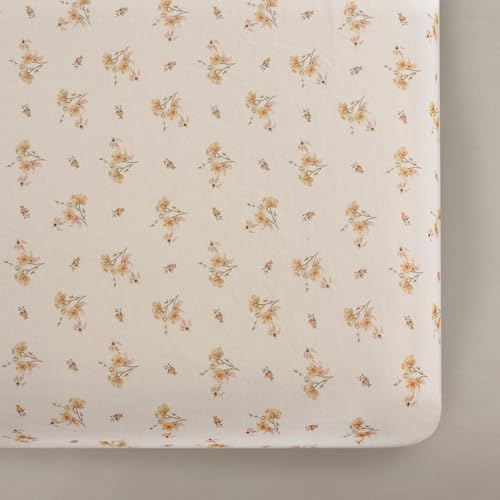 Image of Oilo Crib Sheet, Breathable, Fitted, Organic Cotton Jersey, 300-Thread, Machine Wash, Fits Standard Crib (28 inch x 52 inch x 9 inch), Toddler Bedding, Heirloom Organic Collection, Dainty Floral