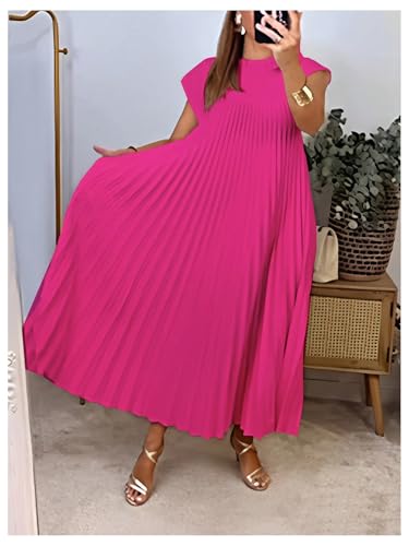 Image of GORGLITTER Women's Pleated Flowy Chiffon Church Dresses Elegant Summer Short Sleeve Wedding Guest Maxi Dress Outfits