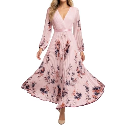Women's Floral Pleated Maxi Dress V Neck Long Sleeve Elegant