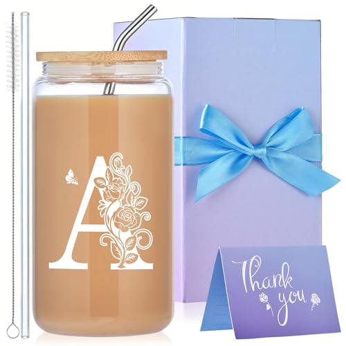 Initial Glass Cups with Lids and Straws, Monogrammed Gifts for Women, 16oz Beer Glass Tumbler, Iced Coffee Mug, Personalized Gift for Graduation. Employee Appreciation Gifts Birthday Gift for Her (A) by MAFYE - Used condition - US$7.43