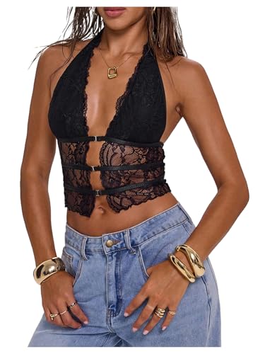 Verdusa Women's Y2K Goth Lace Sheer Halter Top Trendy Going Out Corset Tops Sleeveless Backless Shirts