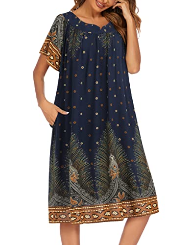 Image of Ekouaer Womens Nightgown Short Sleeve House Dress with Pockets-Floral Print Mumu Dress