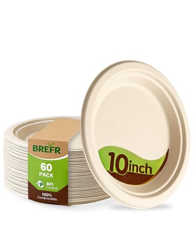 BREFR 60 Pack 10 Inch Compostable Plates Heavy Duty Large Dinner Plates Biodegradable Sugarcane Plates for Pizza BBQ Feast