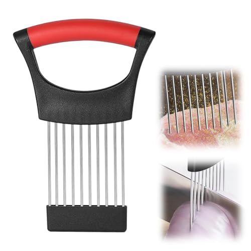 Onion Holder for Slicing, 2025 New Onion Slicer, Cutter for Slicing of Meat, Onion, Potato, Tomato Kitchen Gadgets (1, Black and red)