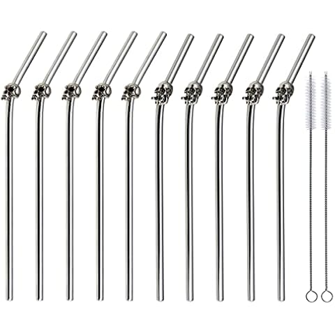 Reusable Stainless Steel Straws - 10 Pcs Skull Decor Halloween Drinking Straws + 2 Pcs Straw Squeegee For Depth 6.5 Inch Cups (Silver Smoking+Canine Teeth) Cover