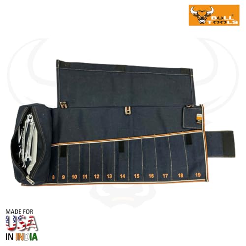 Image of BULL TOOLS Metric Ratcheting Wrench Set (8-19mm), 12-Pocket Roll, with Zip Pouch, Made from Durable Recycled Cotton Canvas for Mechanics, DIYers, and Home Use - Navy Blue