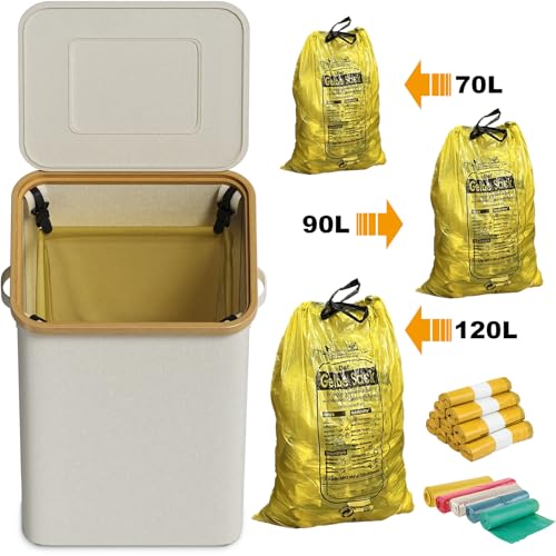 Support pour sac poubelle jaune 100L blanc avec couvercle stable - 6
