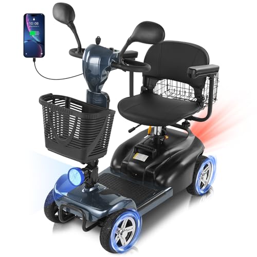 15/30 Miles 4 Wheels Mobility Scooter for Adults&Seniors Up to 300LBS, 350W Electric Wheelchair Device w/Extended Battery, Bright Taillights,Dual Baskets, Rotating Seat, USB Charging