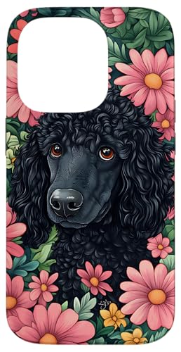 Vintage Cute Black Standard Poodle Dog Mom Pink Flowers Case for iPhone 14 Pro