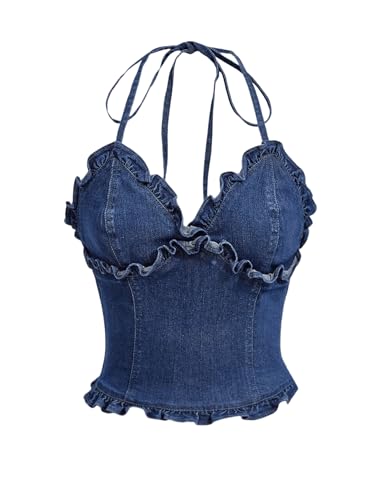 OYOANGLE Women's Frill Trim V Neck Denim Halter Top Tie Backless Shirred Jean Crop Top